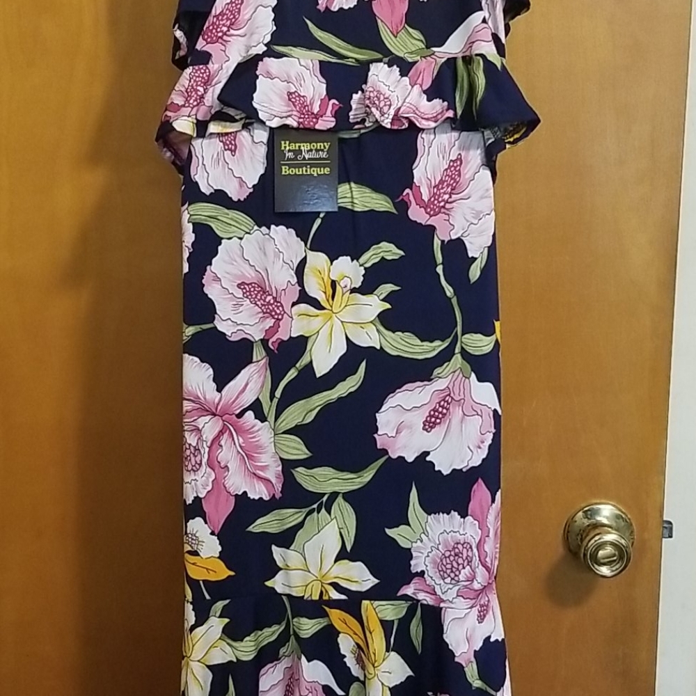 NWT Harmony In Nature 2pc Floral Crop Top High-Low Midi Skirt Set Navy Blue L - Picture 9 of 12